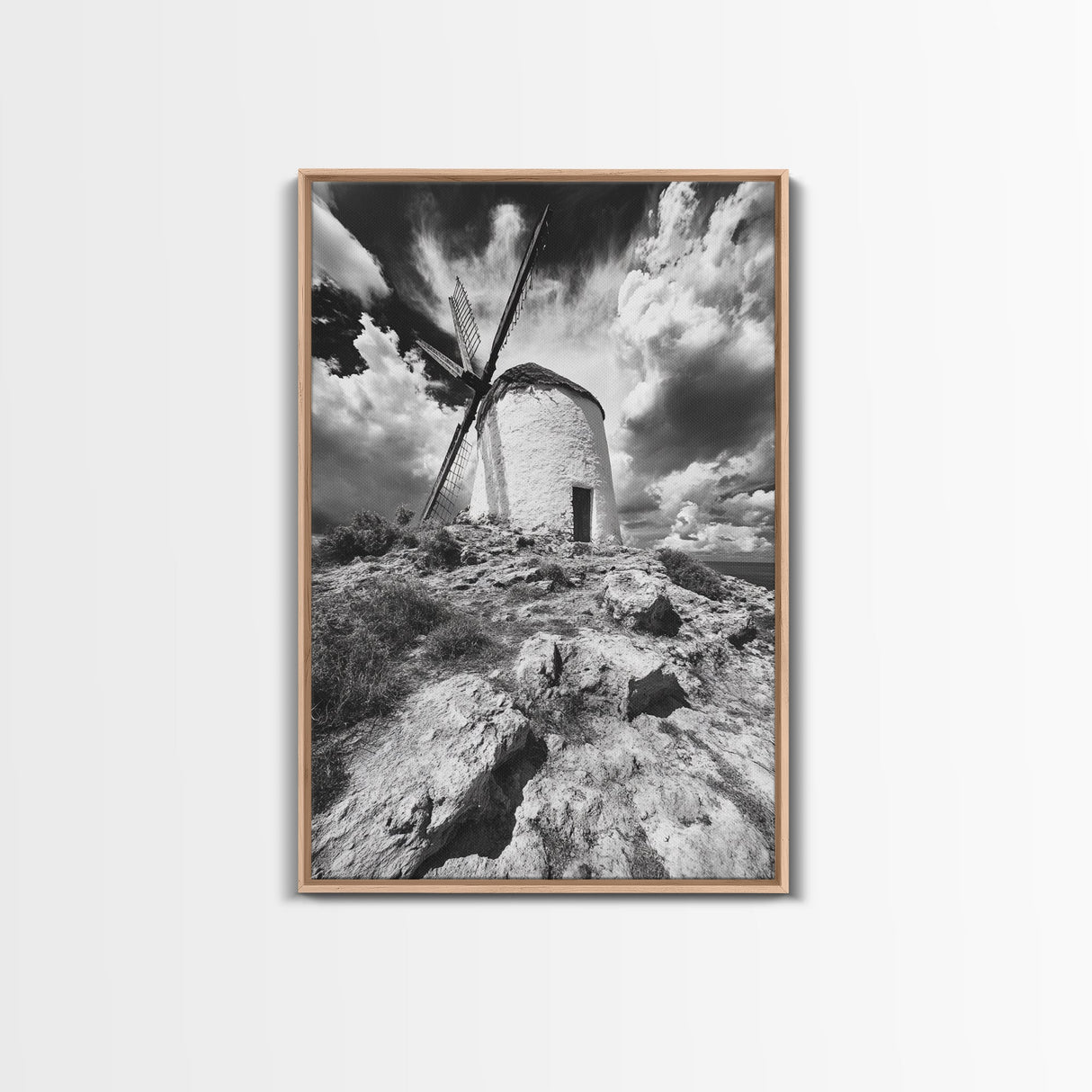 Windmill Hill, Dramatic Sky Art, European Landscape, Framed Canvas Print, Entryway Wall Art, Rustic Decor, Monochrome Photography