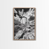 Windmill Hill, Dramatic Sky Art, European Landscape, Framed Canvas Print, Entryway Wall Art, Rustic Decor, Monochrome Photography