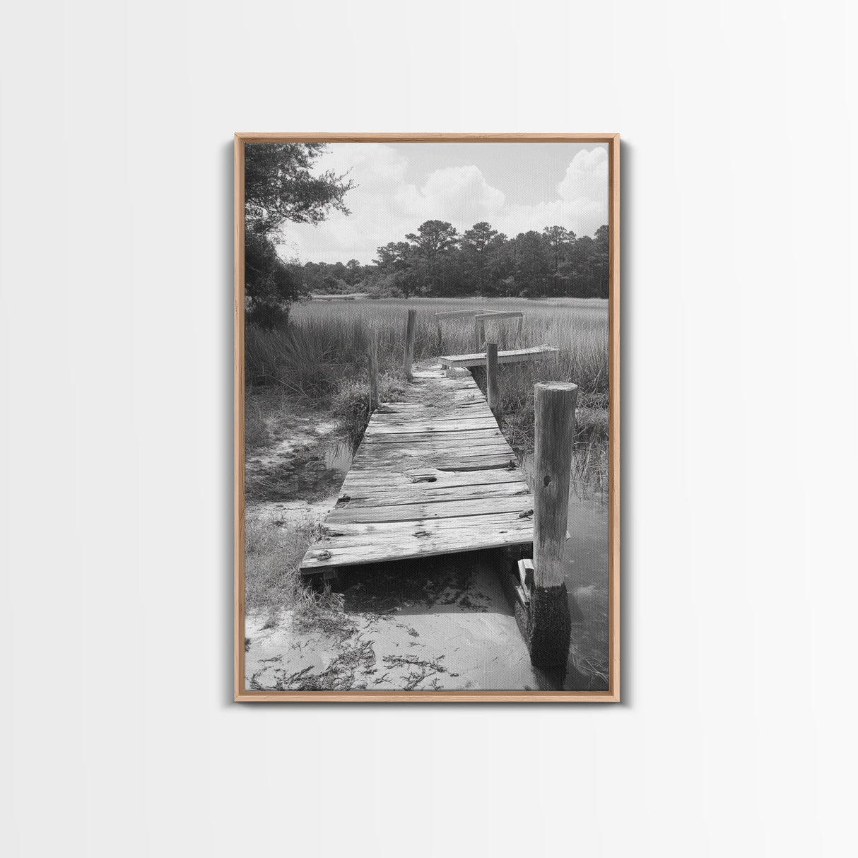 Marsh Dock, Southern Nature, Weathered Pier, Framed Canvas Print, Guest Room Wall Art, Rural Landscape, Fall Wall Art, Country Style