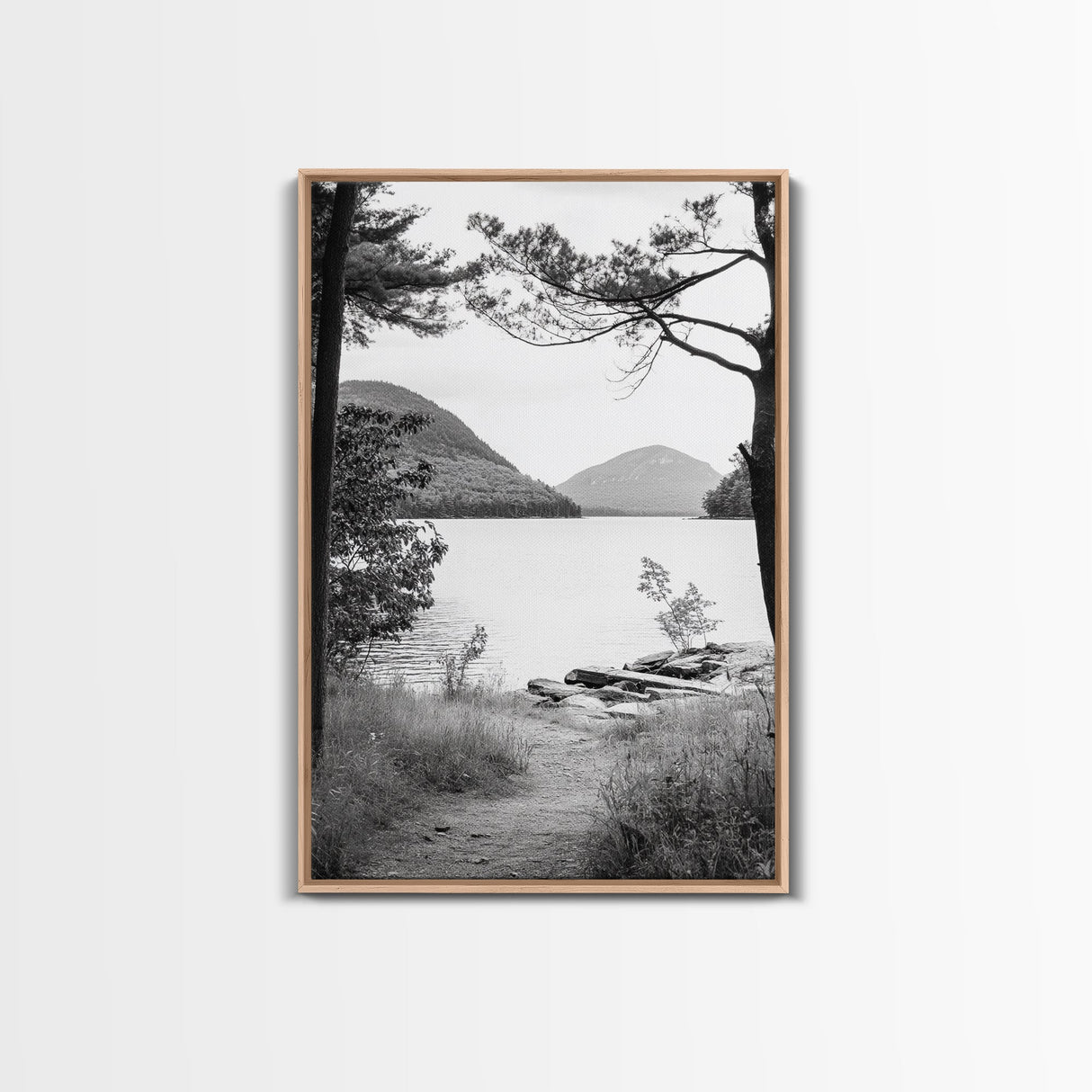 Forest Lake, Mountain View, Peaceful Trail, Framed Canvas Print, Cabin Decor, Fall Landscape, Living Room Art, Tranquil Nature Print