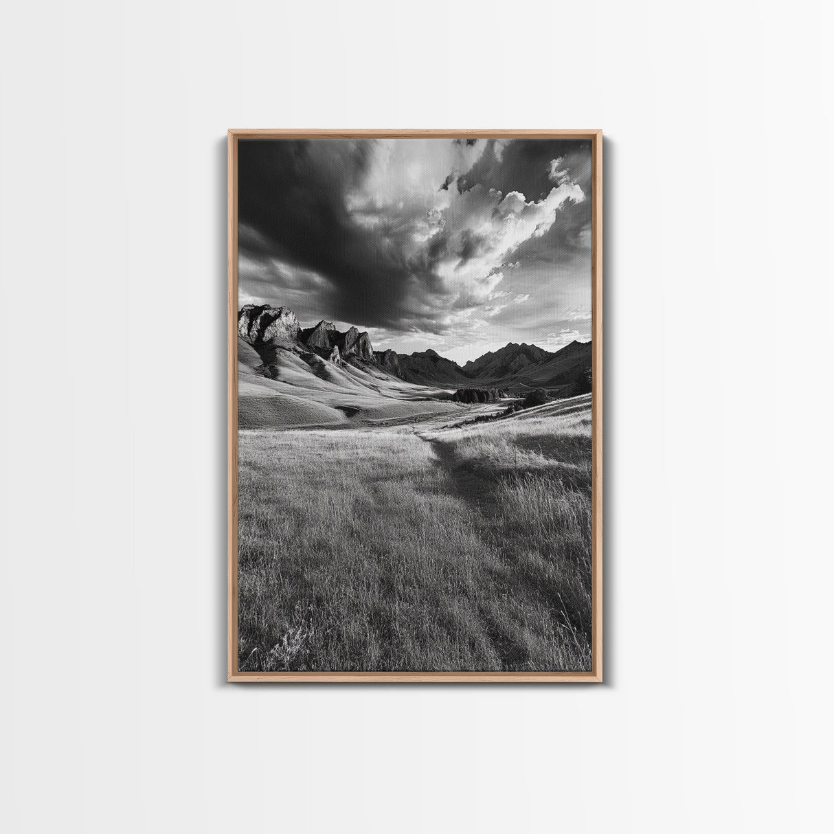 Mountain Valley, Stormy Sky, Western Landscape, Framed Canvas Print, Office Wall Art, Moody Nature Decor, Fall Art, Wilderness Style