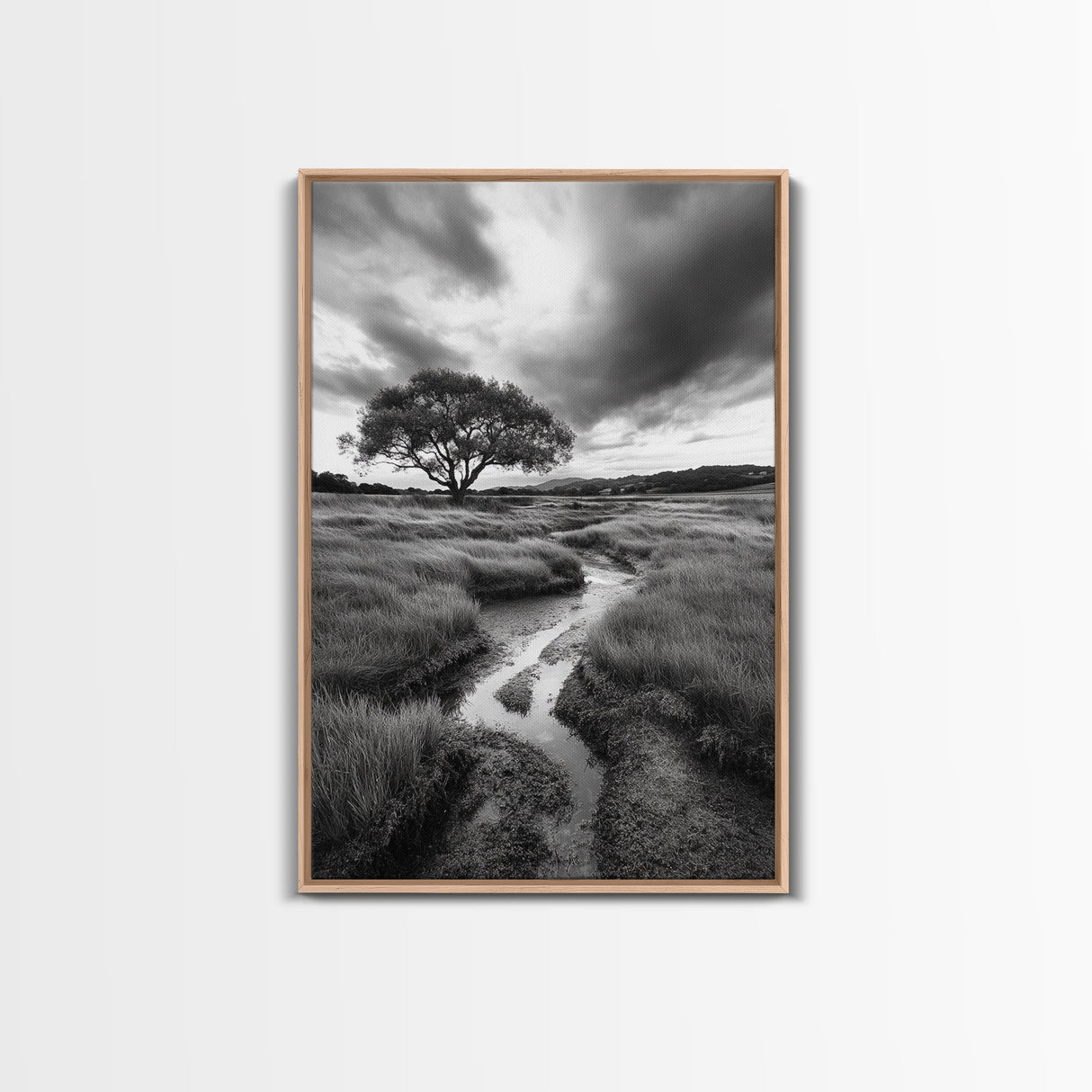 Solitary Tree, Storm Sky, Tranquil Meadow, Nature Landscape, Framed Canvas Print, Rustic Decor, Fall Wall Art, Bedroom Minimalist Art