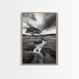 Solitary Tree, Storm Sky, Tranquil Meadow, Nature Landscape, Framed Canvas Print, Rustic Decor, Fall Wall Art, Bedroom Minimalist Art