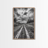 Forest Trail, Overcast Sky, Nature Pathway, Moody Landscape, Framed Canvas Print, Office Wall Art, Woodland Autumn Decor