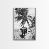 Tropical Bull, Palm Tree, Island Wildlife, Rural Photography, Framed Canvas Print, Kitchen Wall Art, Exotic Boho Decor, farmhouse decor