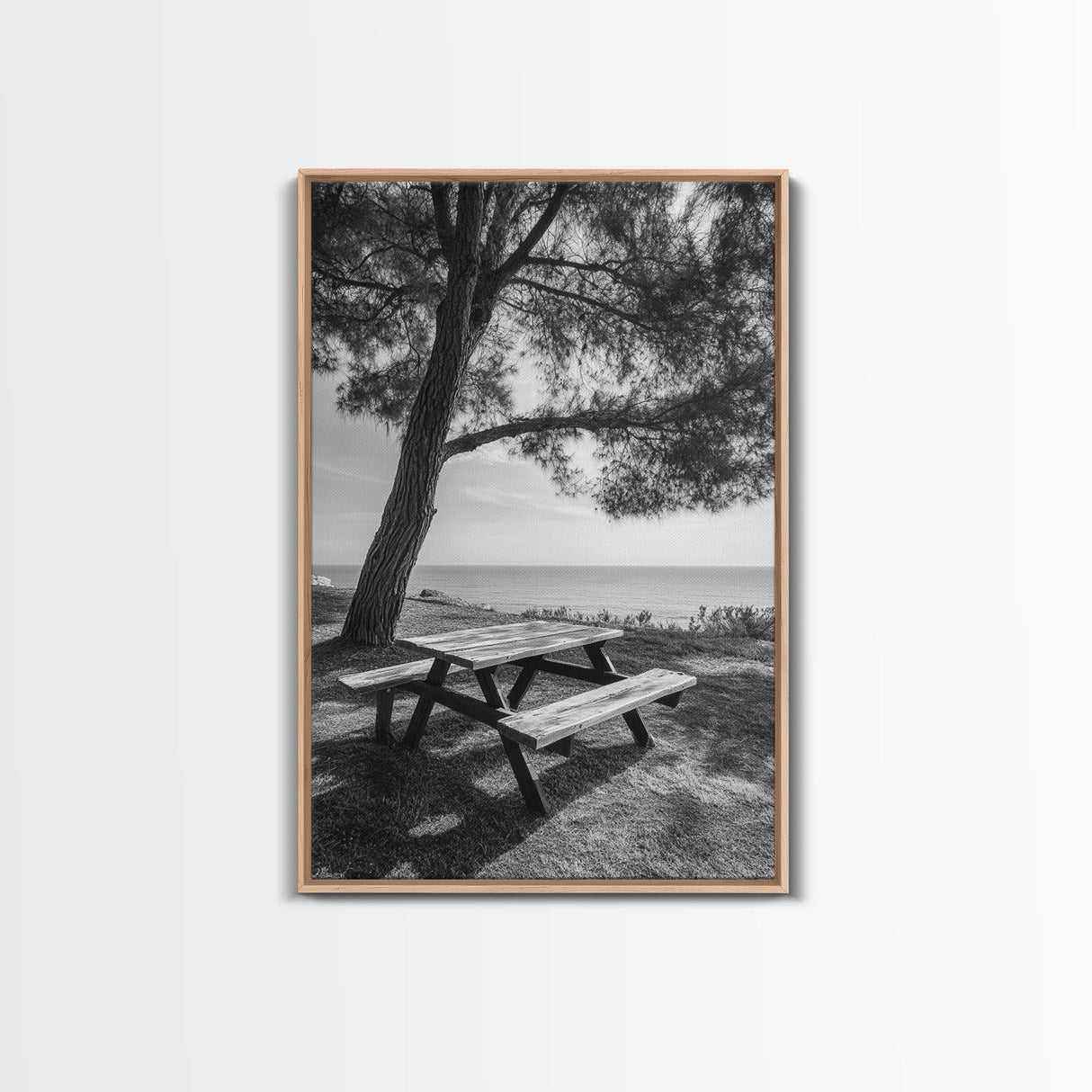 Seaside Bench, Peaceful Escape, Shaded Picnic, Canvas Print, nature photography, coastal wall art, relaxing ocean decor, Minimalist Decor