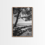Seaside Bench, Peaceful Escape, Shaded Picnic, Canvas Print, nature photography, coastal wall art, relaxing ocean decor, Minimalist Decor