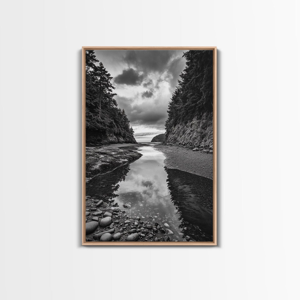 Tide Pool, Forest Reflection, Coastal Calm, Framed Canvas Print, Black White Nature Art, Bathroom or Bedroom Decor, Tranquil Scene