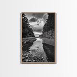 Tide Pool, Forest Reflection, Coastal Calm, Framed Canvas Print, Black White Nature Art, Bathroom or Bedroom Decor, Tranquil Scene