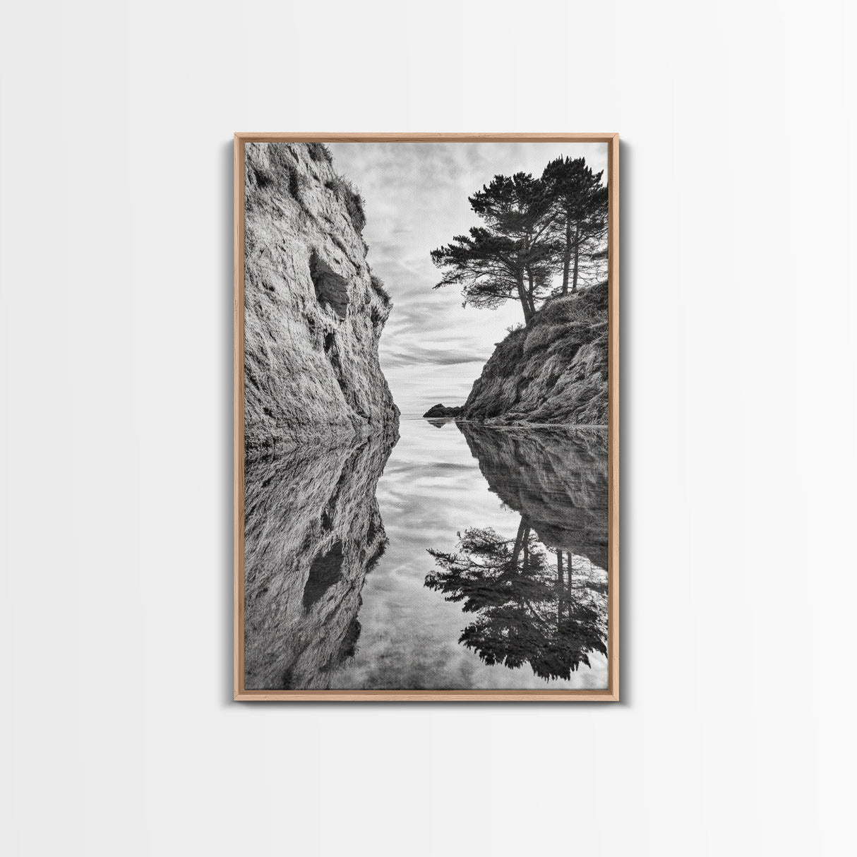 Reflected Trees, Peaceful Cove, Monochrome Seascape, Tranquil Decor, Framed Canvas Print, Zen Wall Art, Entryway Print, Coastal Calm