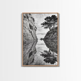 Reflected Trees, Peaceful Cove, Monochrome Seascape, Tranquil Decor, Framed Canvas Print, Zen Wall Art, Entryway Print, Coastal Calm