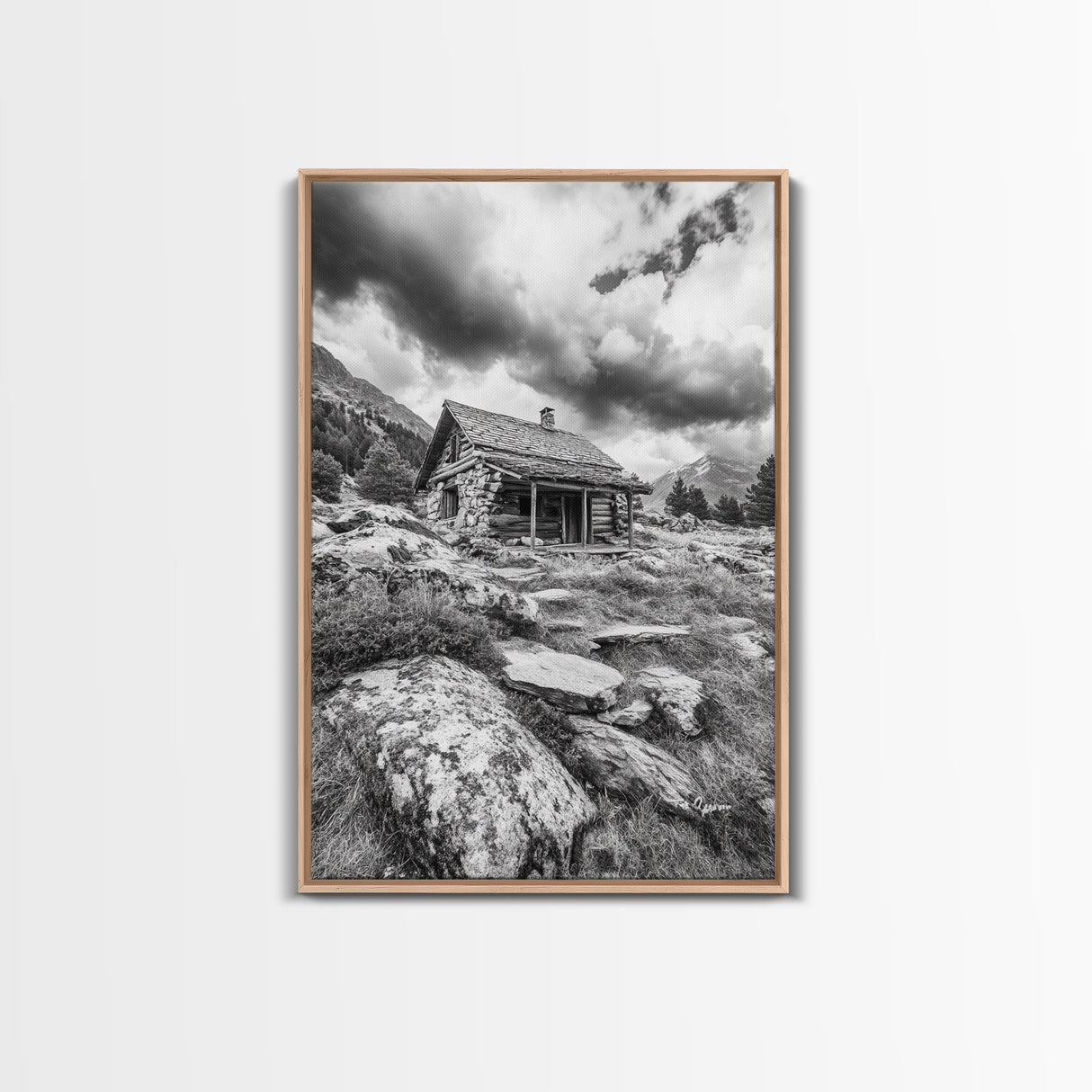 Rustic Cabin, Mountain Hideaway, Stormy Sky, Nature Lodge Decor, Framed Canvas Print, Autumn Vibes, Cozy Wall Art, Rustic Home Style