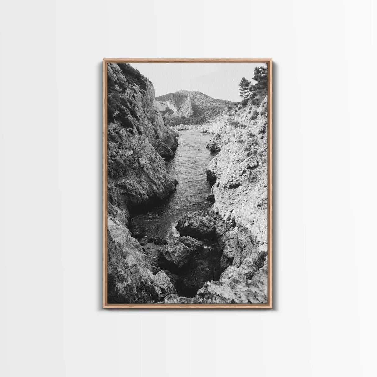 Mountain Gorge, Rugged Canyon, Flowing Stream, Wilderness Explorer, Framed Canvas Print, Cabin Wall Art, Adventurous Rustic Style