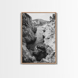 Mountain Gorge, Rugged Canyon, Flowing Stream, Wilderness Explorer, Framed Canvas Print, Cabin Wall Art, Adventurous Rustic Style