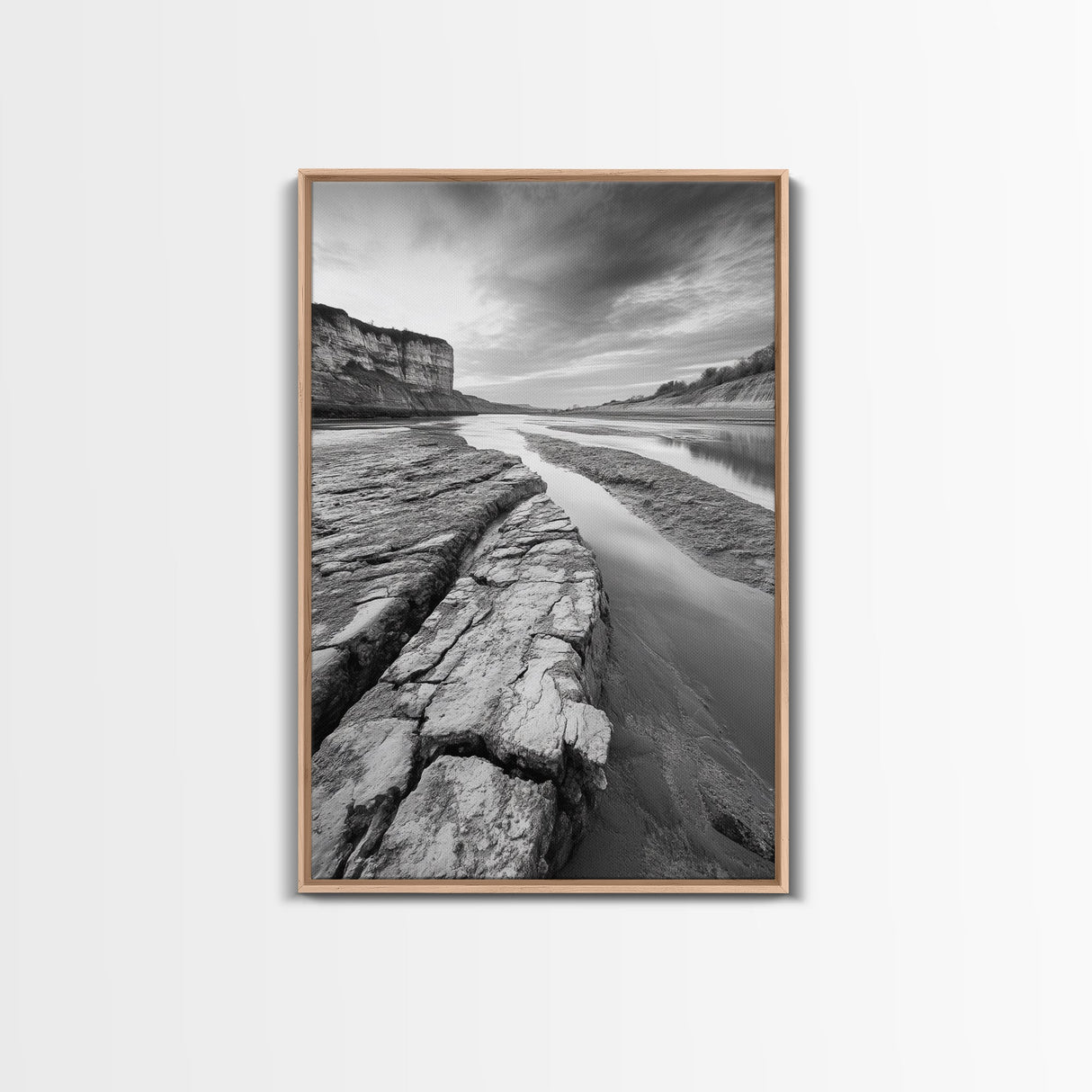 Eroded Riverbed, Desert Rock, Serene Canyon, Long Exposure, Framed Canvas Print, Earth Tones, Dining Room Decor, Nature Inspired