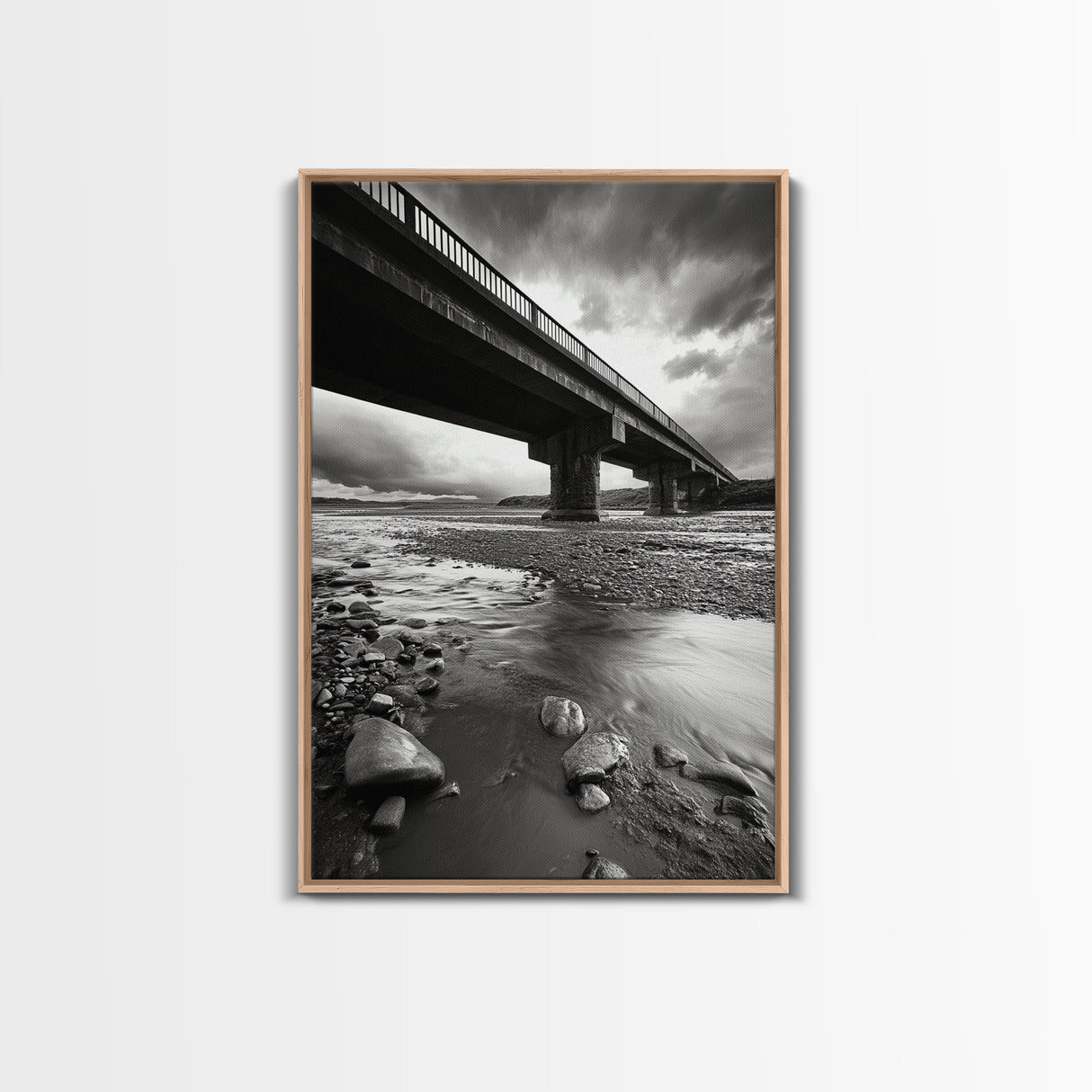 Stormy Bridge, River Rocks, Dramatic Sky, Modern Landscape, Framed Canvas Print, Moody Photography, Office Wall Art, Minimalist Decor