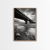 Stormy Bridge, River Rocks, Dramatic Sky, Modern Landscape, Framed Canvas Print, Moody Photography, Office Wall Art, Minimalist Decor