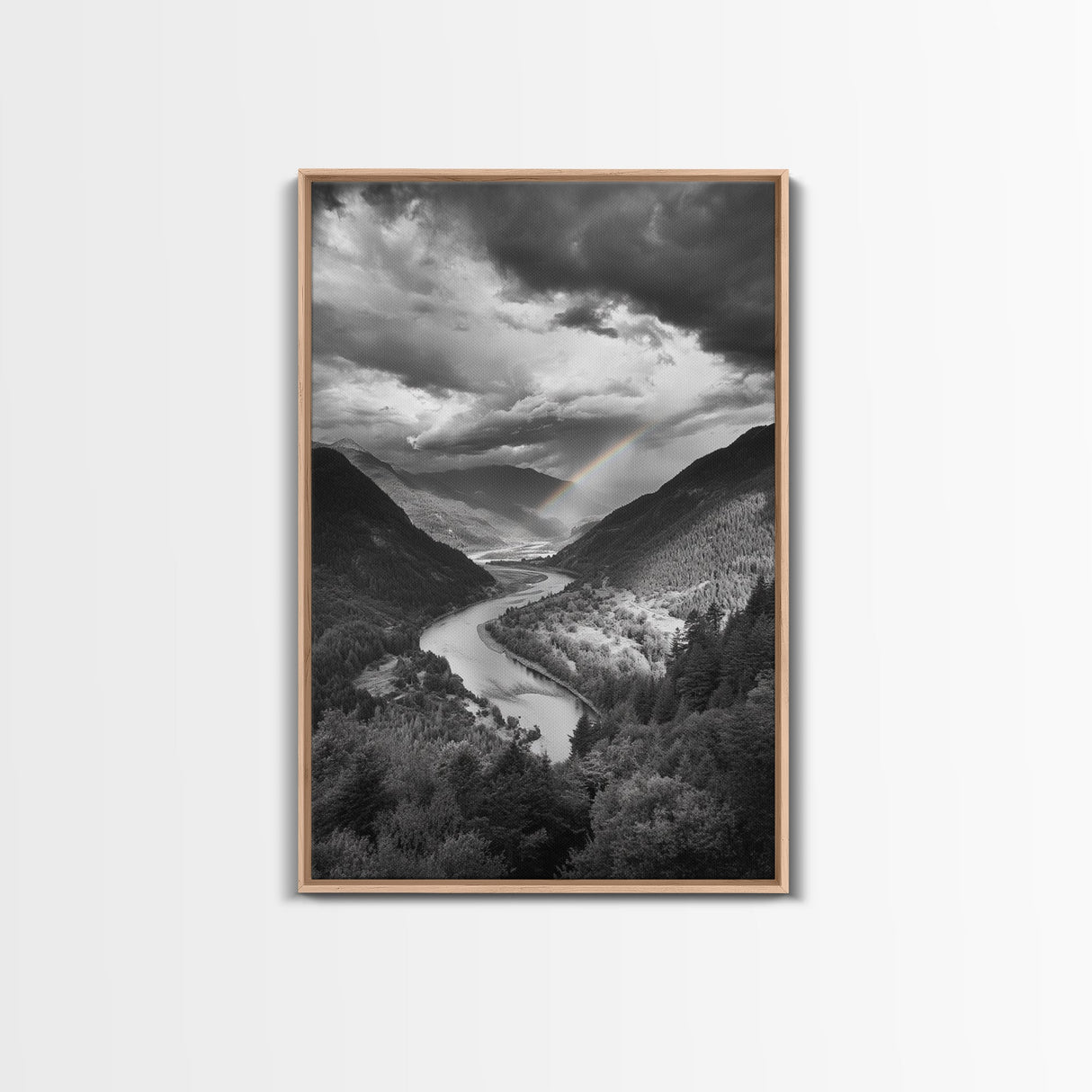 Mountain Valley, Rainbow River, Forest Panorama, Cloud Drama, Framed Canvas Print, Living Room Wall Art, Tranquil Nature, Scenic Beauty