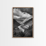 Mountain Valley, Rainbow River, Forest Panorama, Cloud Drama, Framed Canvas Print, Living Room Wall Art, Tranquil Nature, Scenic Beauty