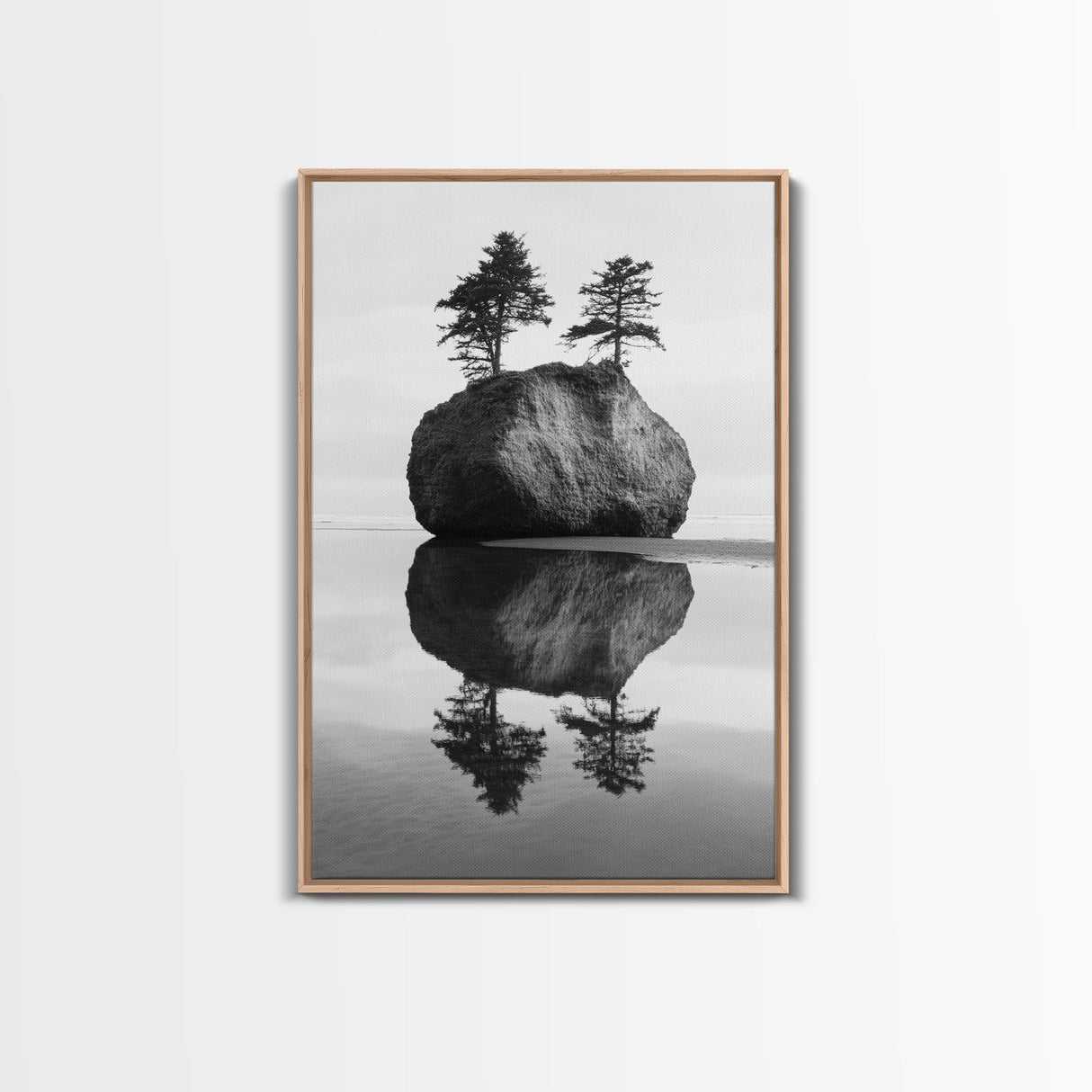 Island Reflection, Twin Trees, Still Water, Minimal Seascape, Framed Canvas Print, Bedroom Wall Art, Zen Decor, Black and White Art