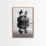 Island Reflection, Twin Trees, Still Water, Minimal Seascape, Framed Canvas Print, Bedroom Wall Art, Zen Decor, Black and White Art