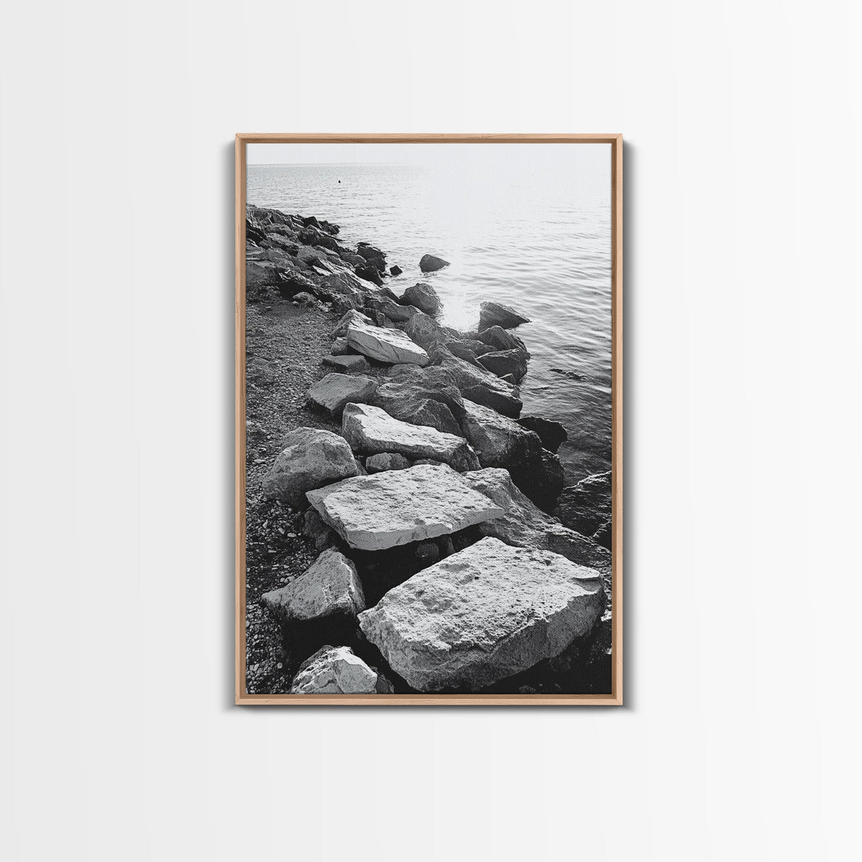 Shore Rocks, Sunlit Ocean, Rugged Texture, Minimal Horizon, Framed Canvas Print, Entryway Wall Art, Beach Decor, Neutral Tones