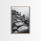 Shore Rocks, Sunlit Ocean, Rugged Texture, Minimal Horizon, Framed Canvas Print, Entryway Wall Art, Beach Decor, Neutral Tones