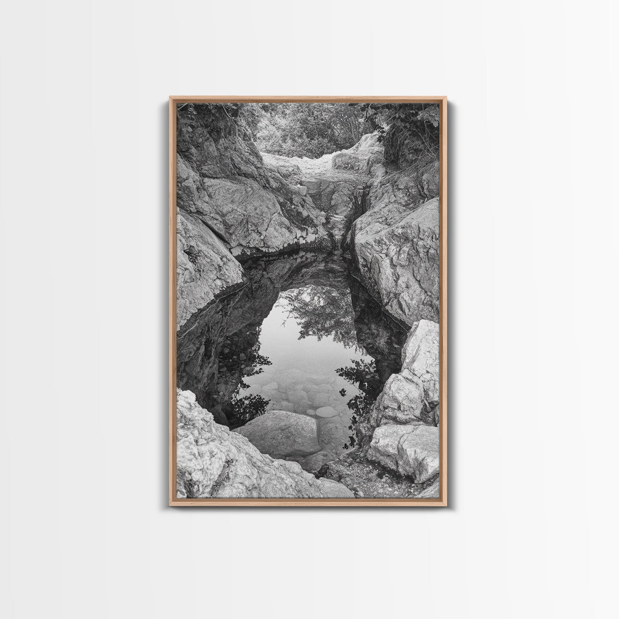 Reflective Rock Pool, Tranquil Nature, Monochrome Landscape, Black and White Framed Canvas Print, Minimalist Bathroom or Spa Wall Art