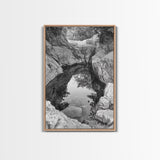 Reflective Rock Pool, Tranquil Nature, Monochrome Landscape, Black and White Framed Canvas Print, Minimalist Bathroom or Spa Wall Art