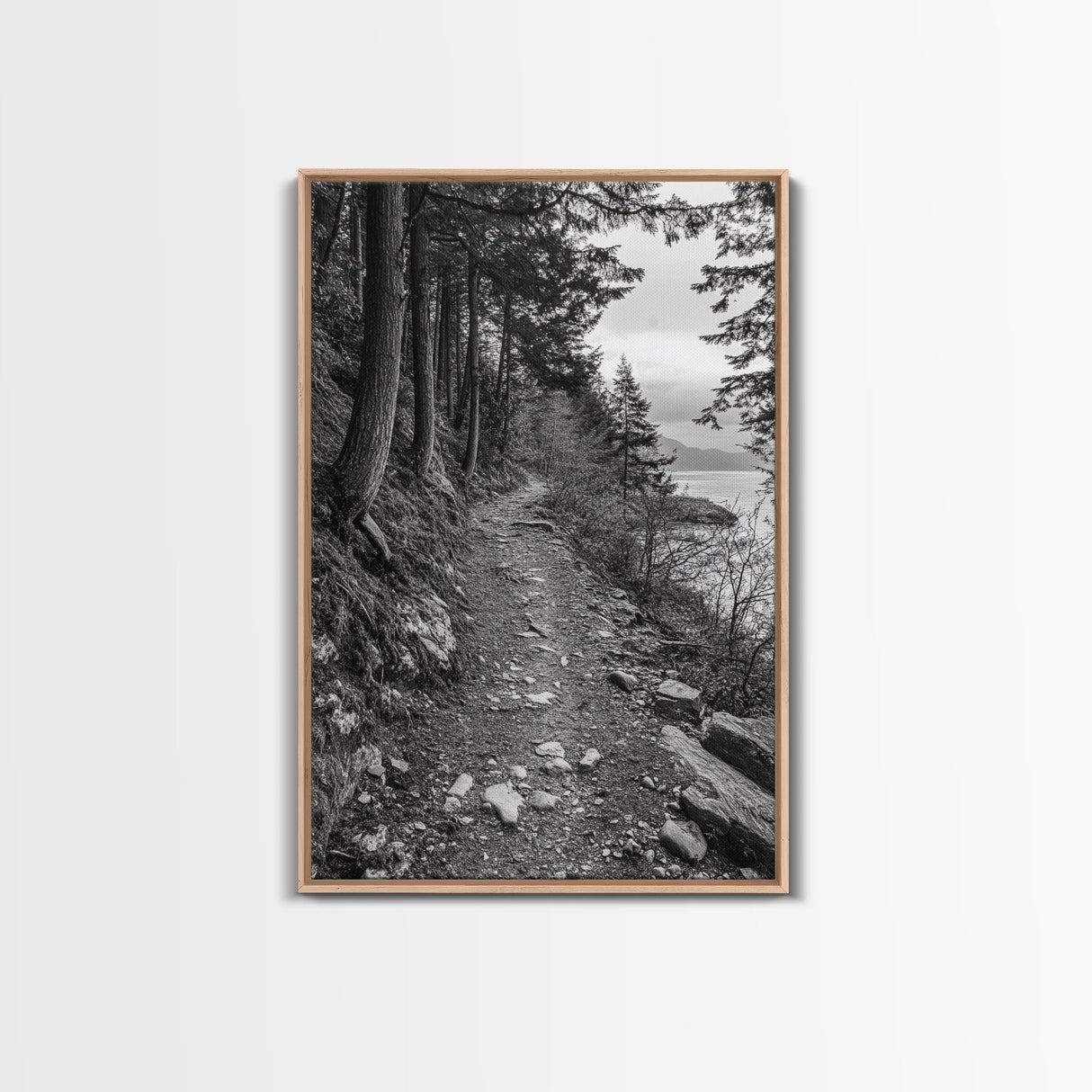 Forest Pathway Trail, Wilderness Escape, Rustic Nature, Black and White Framed Canvas Print, Cozy Cabin or Entryway Wall Art