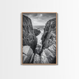 Ocean Cliff Pass, Rugged Coastal Rocks, Nature Power, Monochrome Framed Canvas Print, Moody Bathroom or Masculine Office Art
