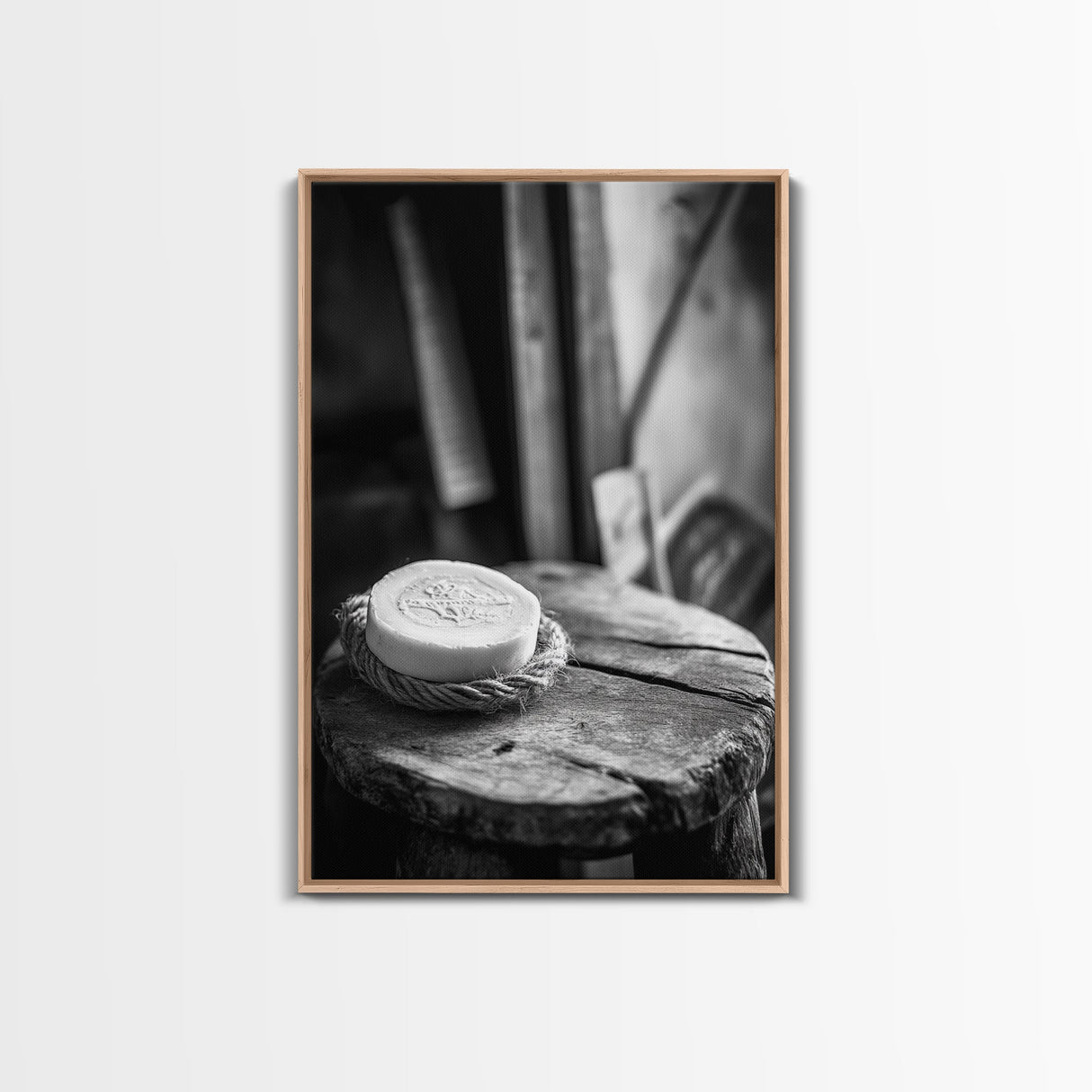 Artisan Soap Still Life, Rustic Wellness Scene, Country Bathroom, Monochrome Framed Canvas Print, Farmhouse Bathroom Wall Art