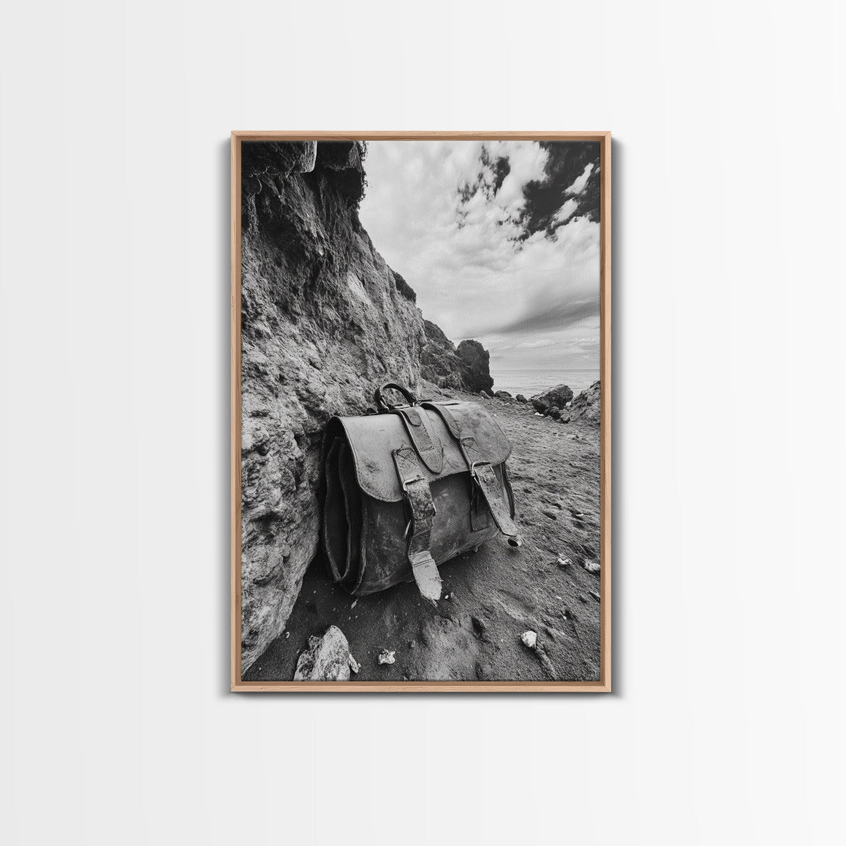 Deserted Leather Satchel, Coastal Adventure, Weathered Texture, Black and White Canvas Print, Vintage Office or Studio Wall Art