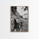 Deserted Leather Satchel, Coastal Adventure, Weathered Texture, Black and White Canvas Print, Vintage Office or Studio Wall Art