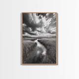 Marshland Stream, Dramatic Clouds, Nature Reflection, Canvas Print, Minimalist Landscape, Bathroom Art, Earthy Tones, Zen Mood