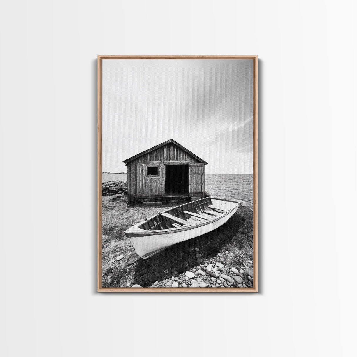 Shore Cabin, Rowboat Rest, Coastal Cabin, Serene Shoreline, Canvas Print, Lake House Wall Art, Rustic Decor, Living Room Seaside Art