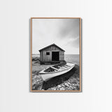 Shore Cabin, Rowboat Rest, Coastal Cabin, Serene Shoreline, Canvas Print, Lake House Wall Art, Rustic Decor, Living Room Seaside Art