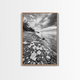 Flower Shore, Peaceful Beach, Moody Sky, Petal Scape, Framed Canvas Print, romantic beach art, bedroom decor, black and white floral print