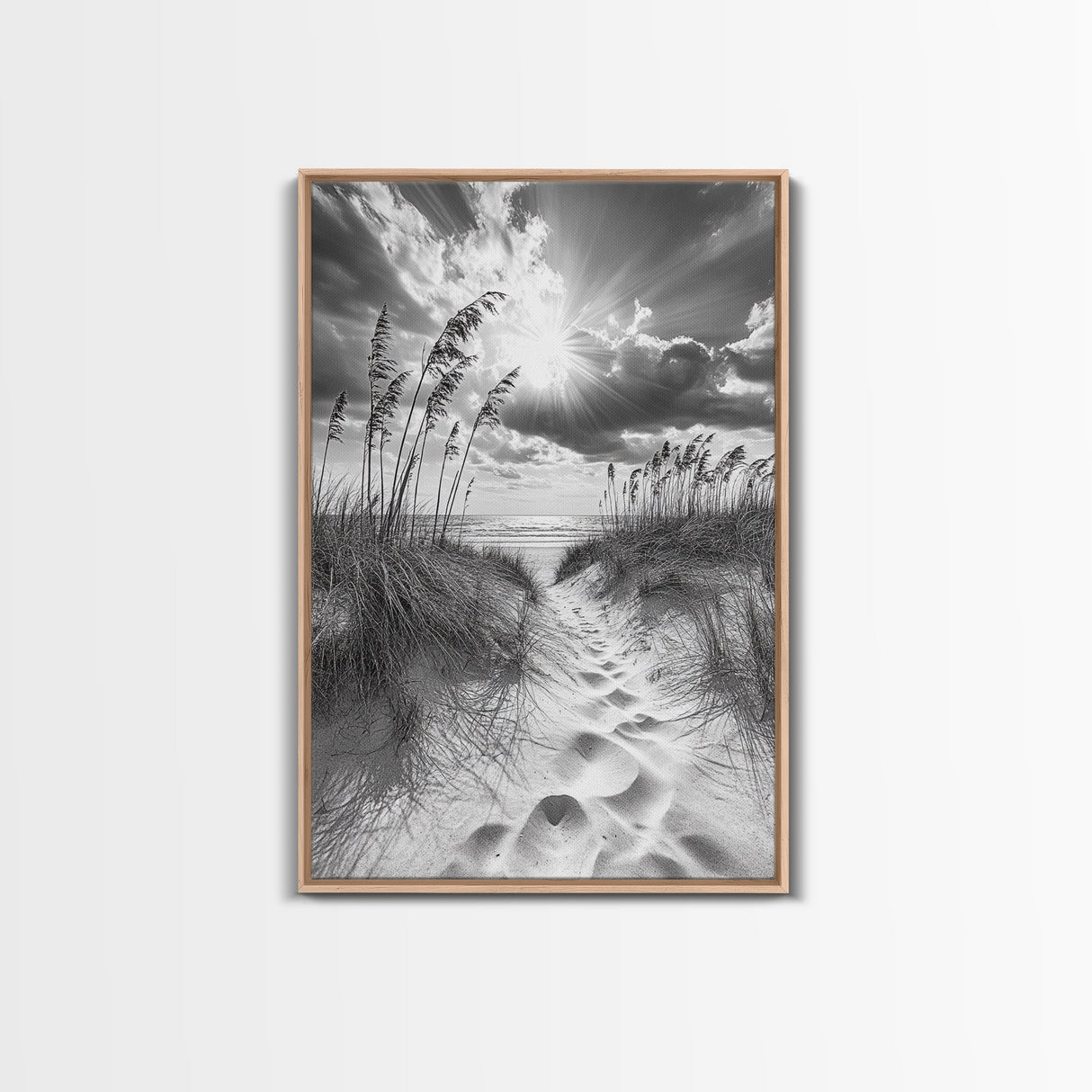 Beach Path, Seagrass Sunset, Radiant Sky, Coastal Light, Framed Canvas Print, coastal farmhouse decor, entryway art, sunshine beach scene