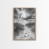 Beach Path, Seagrass Sunset, Radiant Sky, Coastal Light, Framed Canvas Print, coastal farmhouse decor, entryway art, sunshine beach scene