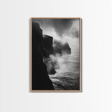 Stormy Cliffs, Ocean Fog, Monochrome Coast, Wild Nature Framed Canvas Print, moody wall art, rustic living room decor, dark aesthetic