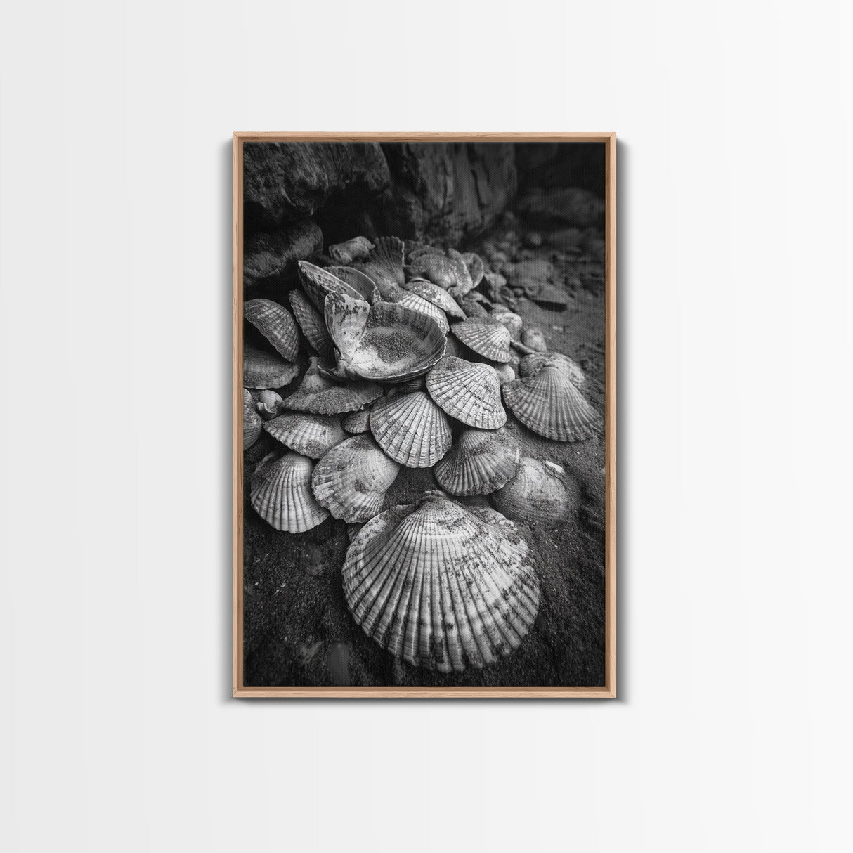 Seashell Pile, Textured Beach, Coastal Treasures, Natural Beauty Framed Canvas Print, bathroom decor, shell art, beach wall style