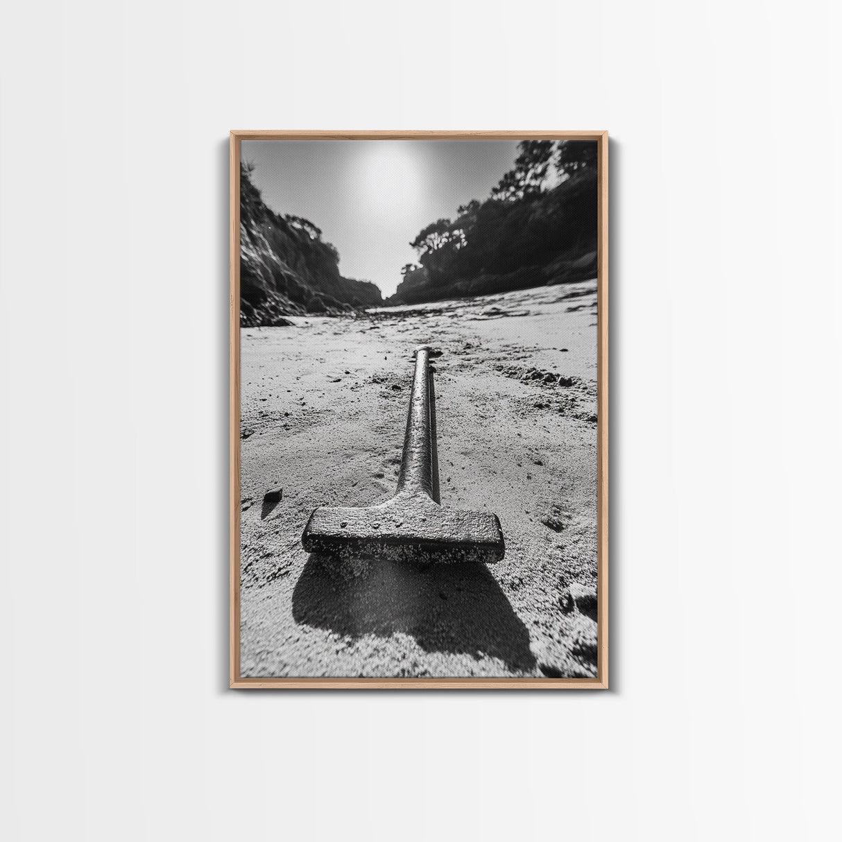Industrial beach relic, iron hammer, rustic textures, minimalist black and white, Canvas Print, man cave art, coastal masculine decor