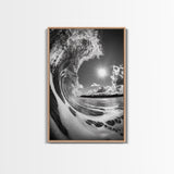 Wave Photography, Surfer Dream, Sea Curl Motion, Framed Canvas Print, Coastal Wall Art, Beach House Decor, Monochrome Ocean Style
