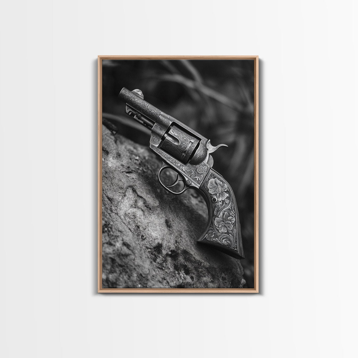 Floral Engraved Revolver, Vintage Western Gun, Cowboy Detail Shot, Canvas Print, Man Cave Art, Rustic Americana Wall Style
