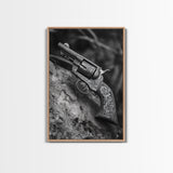 Floral Engraved Revolver, Vintage Western Gun, Cowboy Detail Shot, Canvas Print, Man Cave Art, Rustic Americana Wall Style