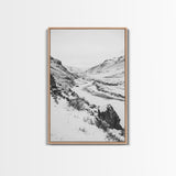 Snowy Canyon, Winter Valley, Frozen Landscape, Framed Canvas Print, Minimalist Wall Art, Neutral Living Room or Office Decor