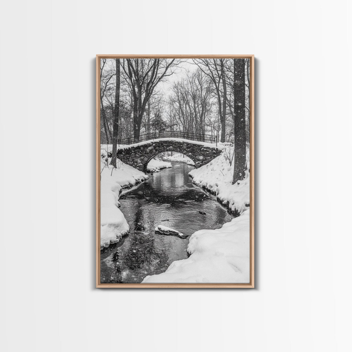 Stone Bridge, Winter Stream, Historic Pathway, Framed Canvas Print, Snowy Landscape Art, Traditional Living Room Wall Decor