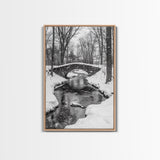 Stone Bridge, Winter Stream, Historic Pathway, Framed Canvas Print, Snowy Landscape Art, Traditional Living Room Wall Decor