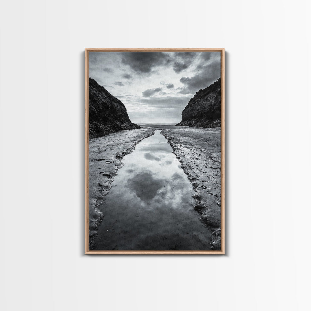 Ocean Reflection, Seaside Path, Moody Coastline, Canvas Print, Black and White Nature Photography, Modern Living Room Wall Art